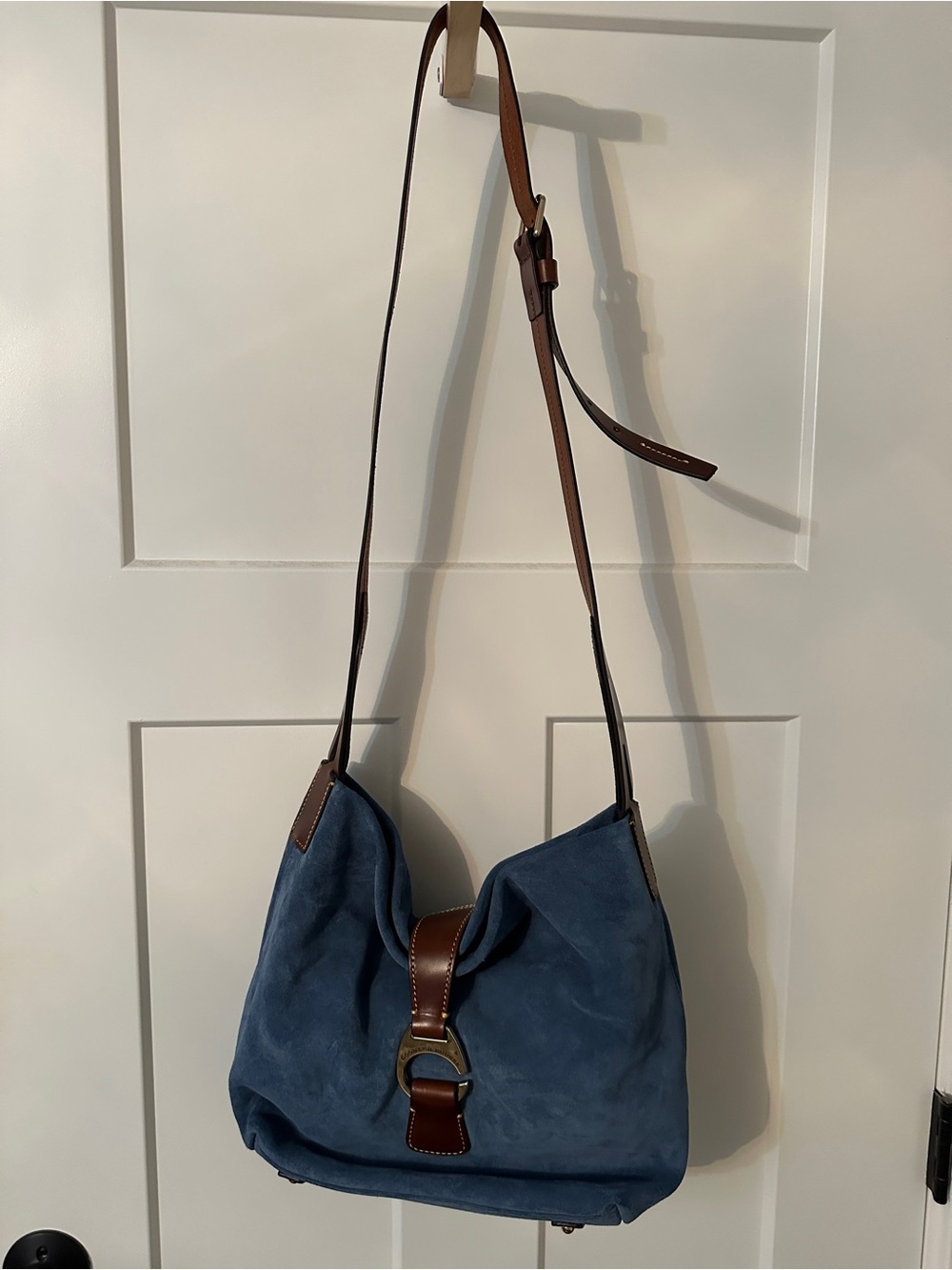 Dooney & Bourke Navy Suede Shoulder Bag with Brown Leather Trim